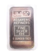 5 oz JM Johnson Matthey 999 Silver Bar - Serial 029183 Sealed Blank Reverse