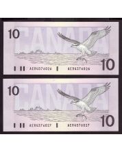 2x 1989 Canada $10 consecutive notes Theissen Crow AER4376026-27 CH UNC