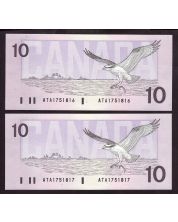 2x 1989 Canada $10 consecutive notes Theissen Crow ATA1751816-17 CH UNC