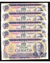 5x 1971 Canada $10 consecutive notes Thiessen Crow FDS2025508-12 CH UNC