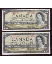 2x 1954 Canada $20 Beattie Coyne devils face & Beattie Rasminsky modified