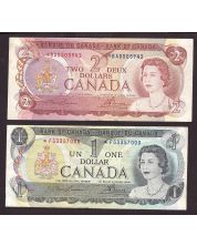 1973 Canada $1 *FG3357000 & 1974 $2*BA0505942 2-notes VF or better