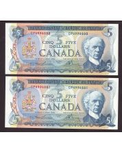 2X 1972 Canada $5 consecutive notes BC48b Lawson CP4994880-81 CH UNC