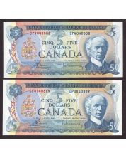 2X 1972 Canada $5 consecutive notes BC48a Bouey CP4040808-09 CH UNC