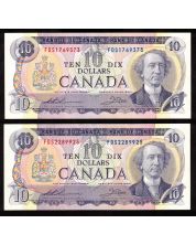 2x 1971 Canada $10 notes Thiessen Crow FDS1769373 2289925 CH AU/UNC