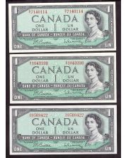 3x 1954 Canada $1 notes Beattie Rasminsky 3-different prefix H/Y R/Y V/O UNC+