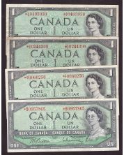 4X 1954 Canada $1 replacement notes Beattie Rasminsky *A/A *A/A *B/M *H/Y 