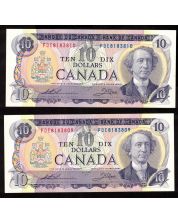 2x 1971 Canada $10 consecutive notes Thiessen Crow FDE8183809-10 CH UNC