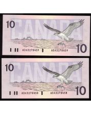2x 1989 Canada $10 consecutive notes Theissen Crow ADA3278458-59 CH UNC