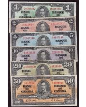 1937 Canada banknote set $1 $2 $5 $10 $20 $50  6-notes circulated