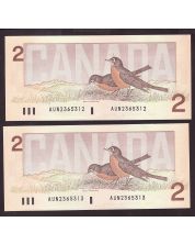 2X 1986 Canada $2 consecutive notes Crow Bouey AUN2365312-13 CH UNC