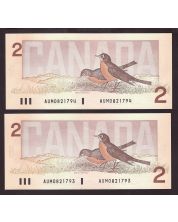 2X 1986 Canada $2 consecutive notes Thiessen Crow AUM0821793-94 CH UNC+