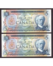 2X 1972 Canada $5 consecutive notes Lawson Bouey SA7669864-65 CH UNC