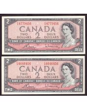 2x 1954 Canada $2 notes Bouey Rasminsky F/G4646456 & 4779456 Choice UNC