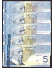 5X Canada $5 notes Toboggan Hockey Snowflakes Skating 2001-08 Choice UNC 