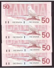 4X 1988 Canada $50 Snowy Owl consecutive notes FME1596921-24 GEM UNC