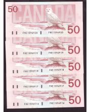 5X 1988 Canada $50 Snowy Owl consecutive notes FME1596916-20 Choice UNC+