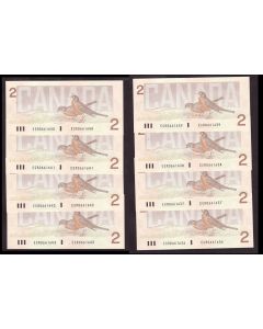 10X 1986 Canada $2 consecutive notes BC55b-i  EGR0661626-635 Choice UNC+