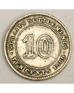 1889 Straits Settlements 10 Cents silver coin a/VF