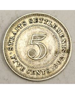 1902 Straits Settlements 5 Cents silver coin VF25