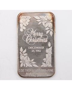 1 oz National Refiners Assay Silver Art Bar Merry Christmas .999 fine 1982