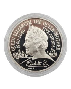 2000 Fine 1 oz Proof .925 Silver British 5 Pound Coin The queen mother centenary year