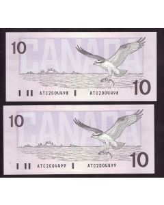 2x 1989 Canada $10 consecutive notes Theissen Crow ATC2004498-99 CH UNC