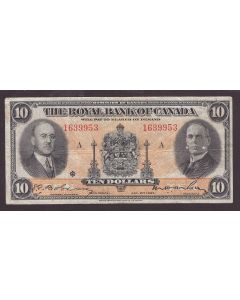 1935 Royal Bank of Canada $10 banknote large signature SN1639953 nice VF