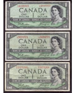 3x 1954 Canada $1 devils face notes L/A4198913 L/A5079771 M/A1375268 F+