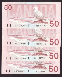 4X 1988 Canada $50 Snowy Owl consecutive notes FHZ1195592-95 GEM UNC