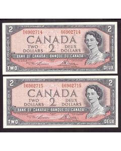 2x 1954 Canada $2 consecutive notes Lawson Bouey R/G6902714-15  UNC+