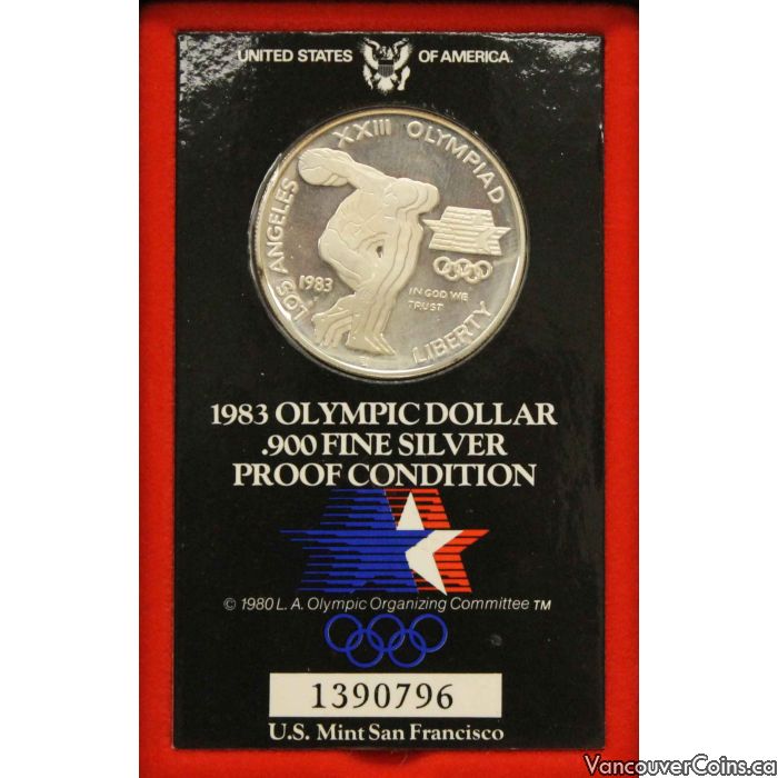 1983 S US One Dollar Los Angeles Olympics 90% Silver - Proof Coin