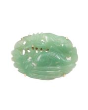 14K Yellow Gold Green Jadeite Brooch Handmade Carved Fish 