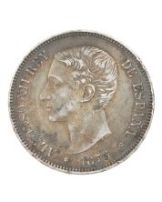 1875 Spain 5 Pesetas silver coin 24.96 grams  EF