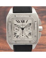 Cartier Santos 100 XL Chronograph White Roman Steel W20090X8 2740 Mens Watch