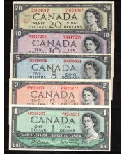 1954 Canada $1 $2 $5 $10 $20  banknote set 5-notes VF+ to EF+