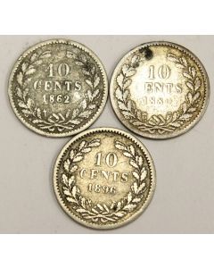 1862 1880 and 1896 Netherlands 10 cents silver coins 3-coins