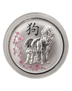 2018 Year of the Dog 1 oz .999 Silver Chinese Zodiac Colorized Blossom Coin – Dogs & Plum Flower Design