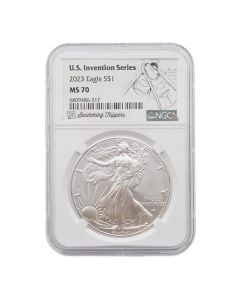 2023 American Silver Eagle MS70 NGC U.S. Invention Series Swimming Flippers Label 