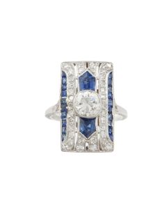 Art Deco c1930 18K White Gold Diamond Sapphire Ring  Size 5