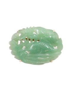 14K Yellow Gold Green Jadeite Brooch Handmade Carved Fish 