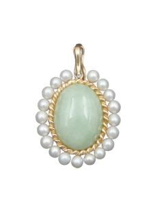 14K Yellow Gold Jadeite Pearl Pendant 6.75ct Jadeite 19 Pearls Oval Vintage