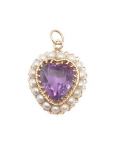 14K Yellow Gold Heart Pendant Amethyst & Cultured Pearl 4.48g
