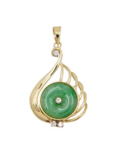 14K Yellow Gold 1.18ct Jadeite & Diamond Pendant Green & White Disk Vintage 