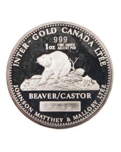 Johnson Matthey 1 oz Silver Beaver Castor Canada 1978 Proof Round Inter-Gold Mallory #3460