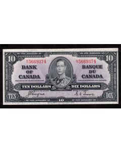 1937 Canada $10 banknote Coyne Towers K/T 5669374 AU/UNC OBV error INK 