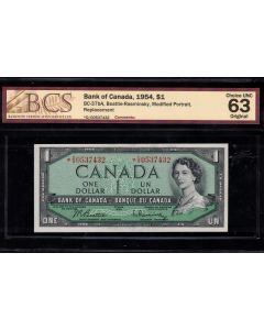 1954 Canada $1 replacement note BC-37bA *D/O 00537432 BCS CH UNC-63