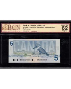 1986 Canada $5 BC-56aA Crow Bouey ENX0039730 YBPN BCS CHOICE UNC-62