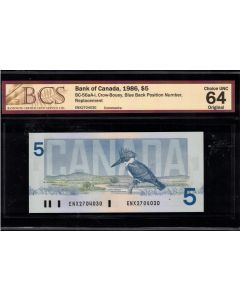 1986 Canada $5 BC-56aA-i Crow Bouey ENX2704030 BBPN BCS  CHOICE UNC-64