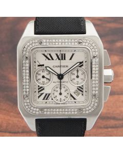 Cartier Santos 100 XL Chronograph White Roman Steel W20090X8 2740 Mens Watch